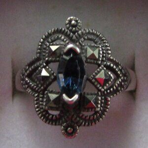 Sterling Silver 925 Marcasite & Blue Onyx Art Deco Style Ring - sz 7.5